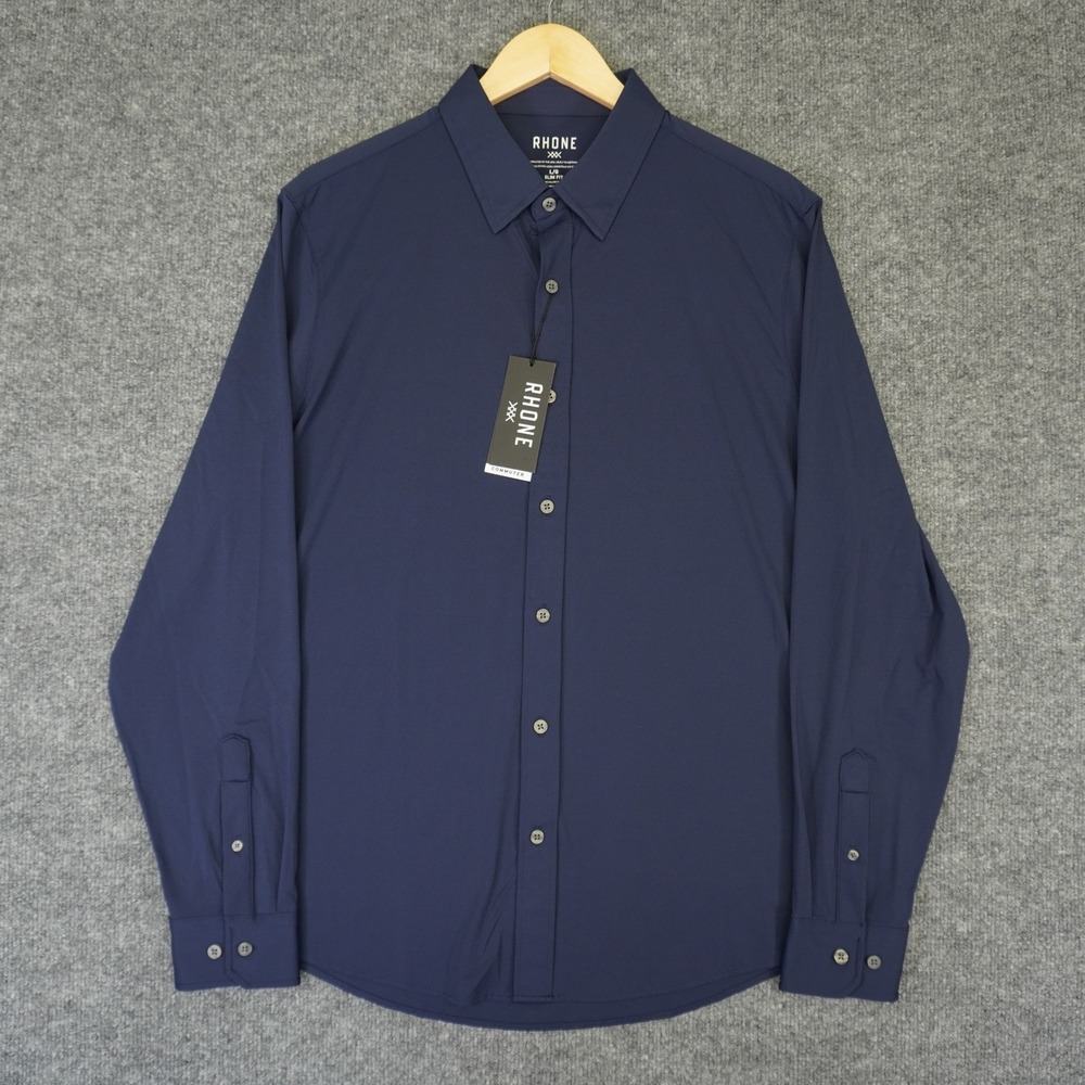 NEW Rhone Commuter Shirt Mens L Navy Blue Slim Fit Italian Stretch Button Down - Picture 2 of 9